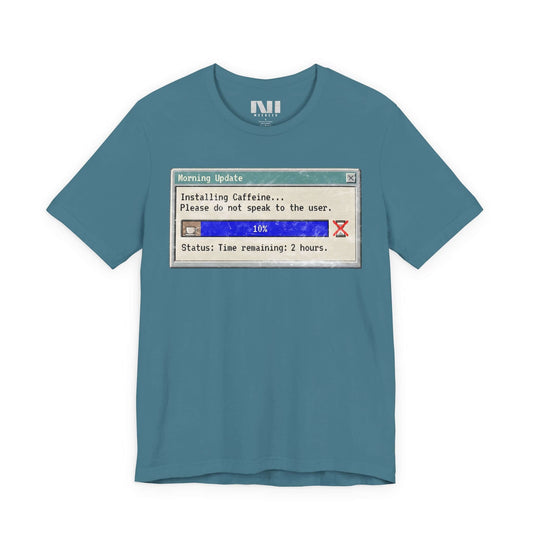 Caffeine update coffee programmer t-shirt retro loading bar graphic tee coffee lover developer morning ritual gift UK #Heather Deep Teal