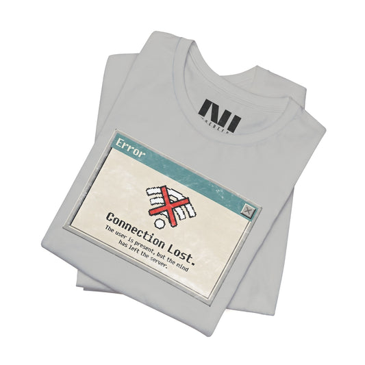 Moebeer Athletic Heather grey t-shirt with a nostalgic 90s tech glitch "Connection Lost" warning box #Athletic Heather