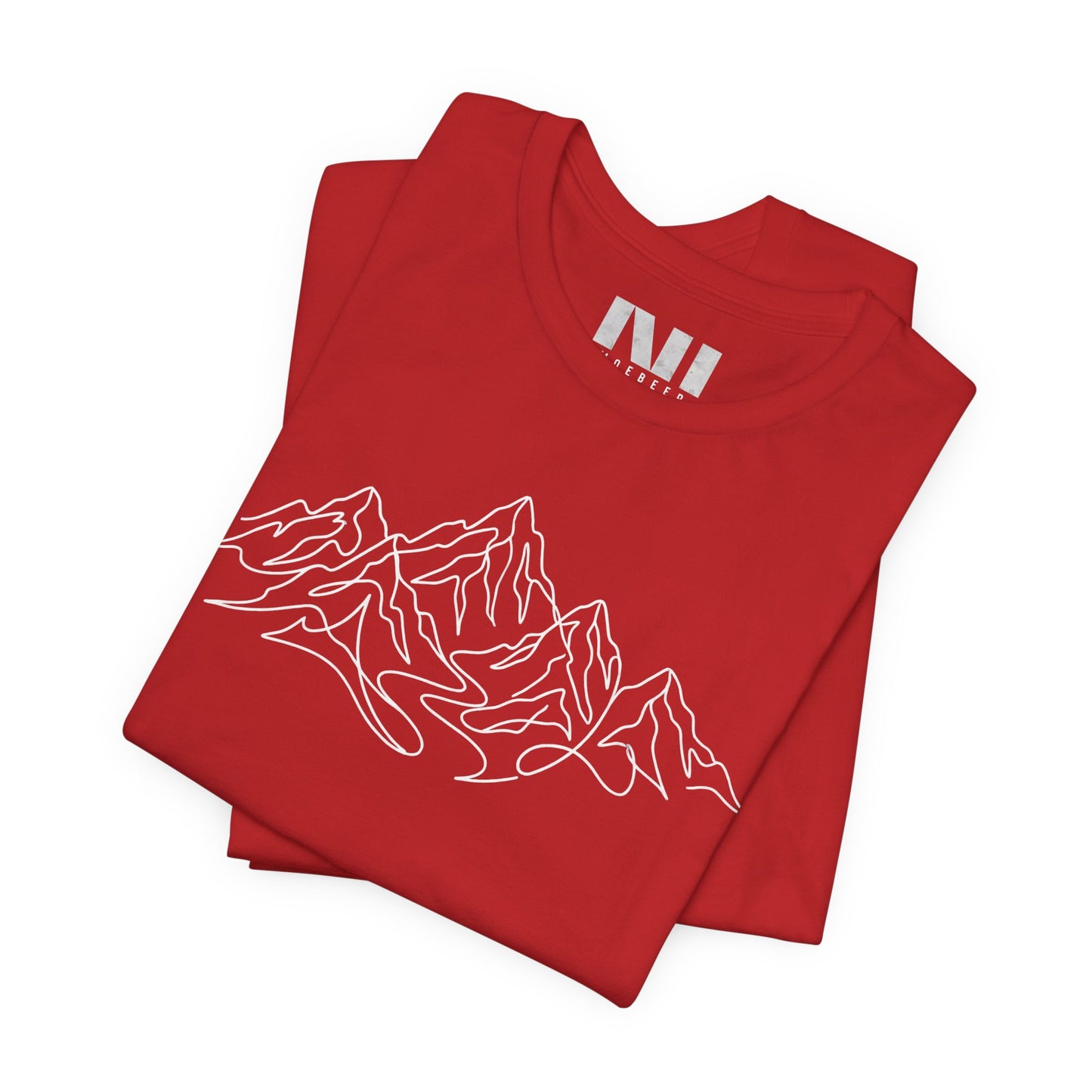 Folded Red graphic t-shirt featuring a minimalist white continuous line art design of a mountain range, moebeer tees #Red