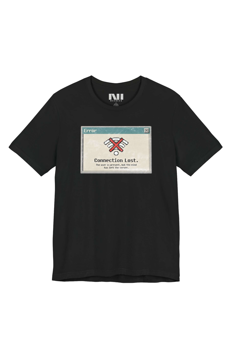 Connection Lost retro dialog tailored fit t-shirt in black, studio catalog photo, MOEBEER UK #Black