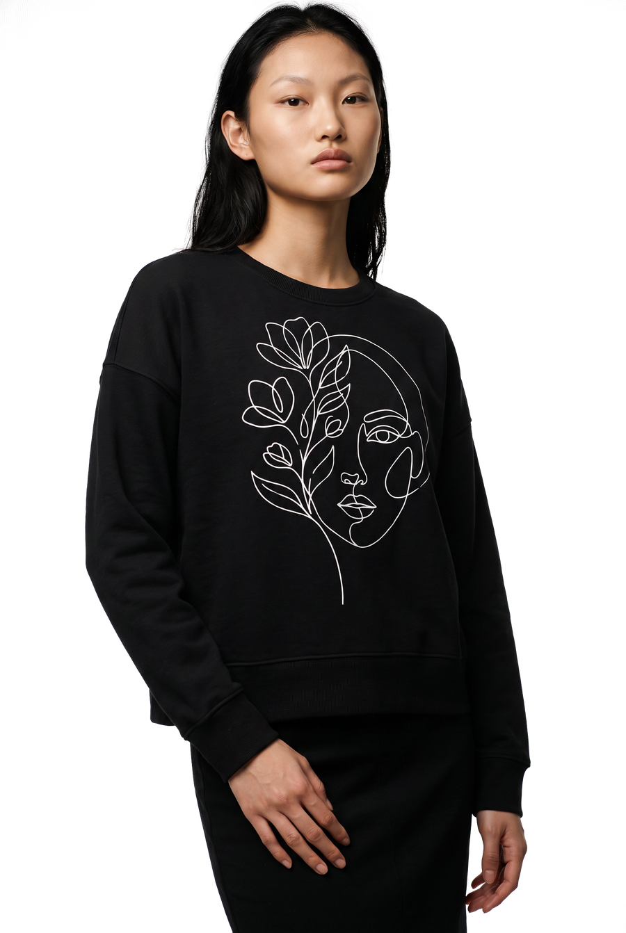 Women's floral face line art sweatshirt in black, studio catalog photo, MOEBEER UK #Black