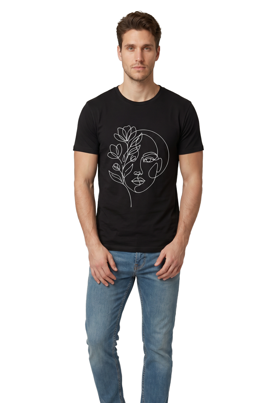 Floral face line art tailored fit t-shirt in black, studio catalog photo, MOEBEER UK #Black