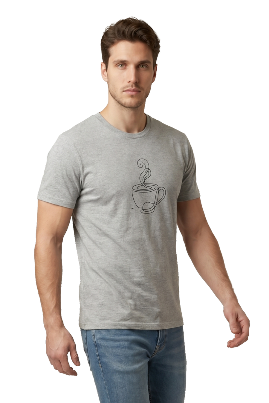 Morning Ritual coffee line art tailored fit t-shirt in athletic heather, studio catalog photo, MOEBEER UK #Athletic Heather