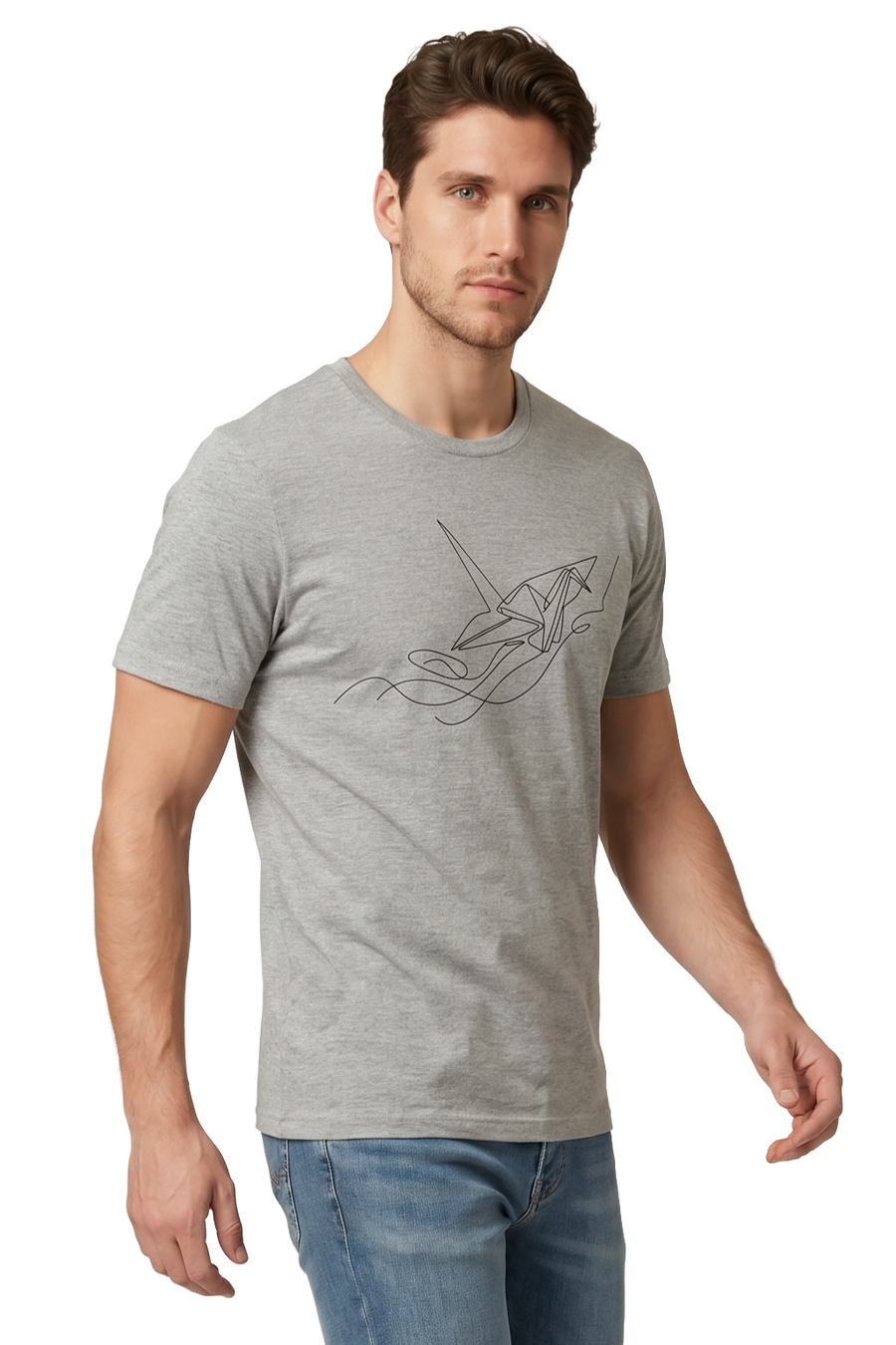 Origami Tsuru crane line art tailored fit t-shirt in athletic heather, studio catalog photo, MOEBEER UK #Athletic Heather