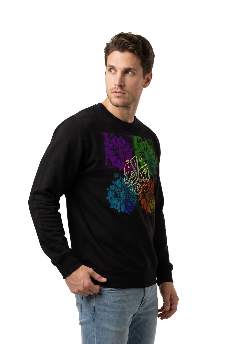 Salam peace Arabic calligraphy sweatshirt in black, studio catalog photo, MOEBEER UK #Black