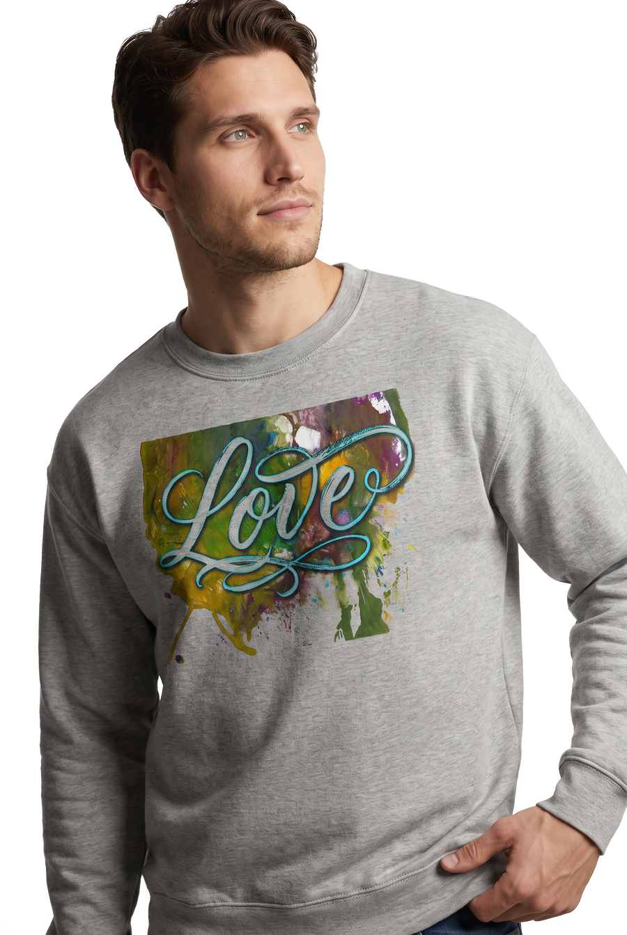 Love typography watercolour art sweatshirt in carbon grey, studio catalog photo, MOEBEER UK #Carbon Grey