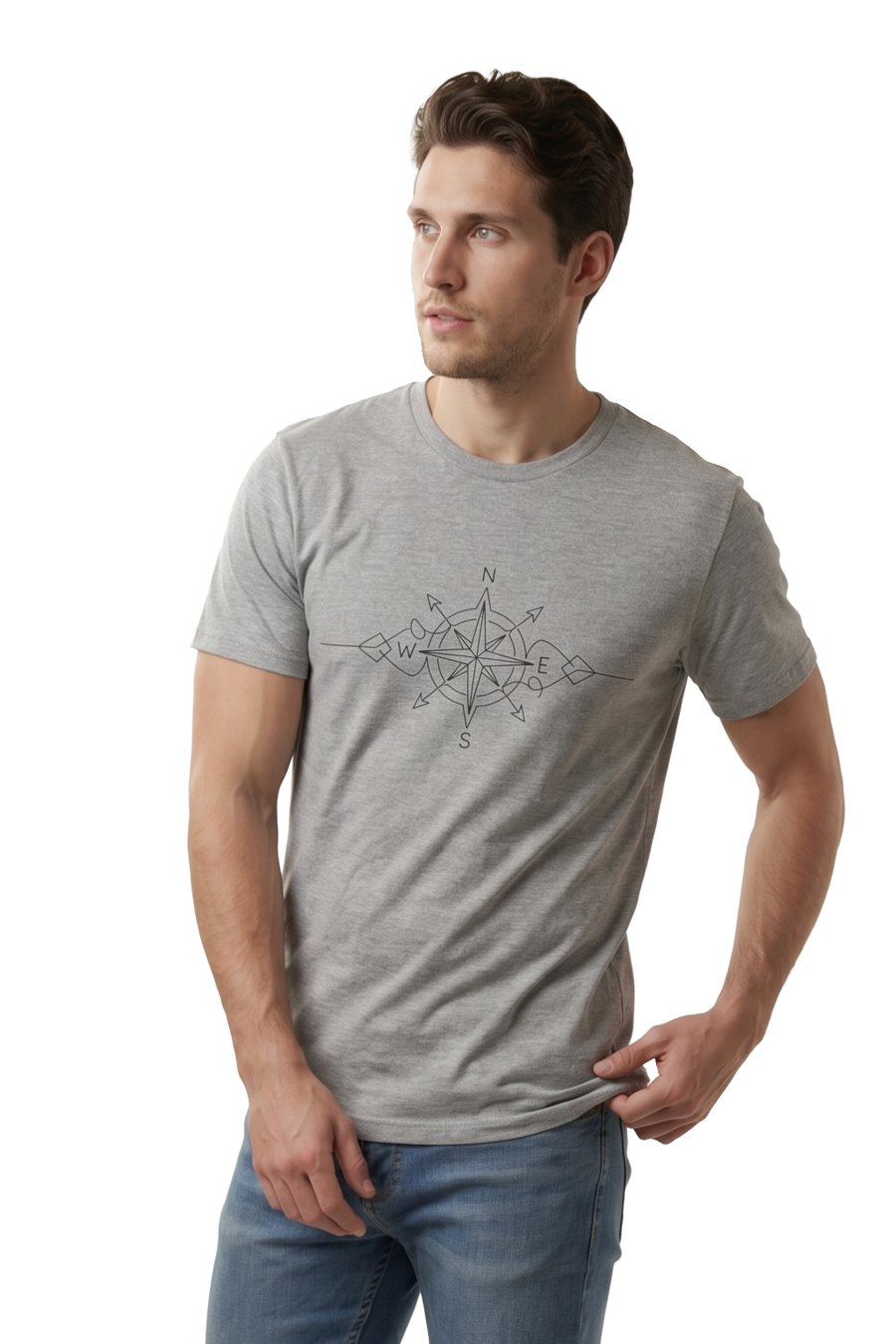 True North compass line art tailored fit t-shirt in athletic heather, studio catalog photo, MOEBEER UK #Athletic Heather