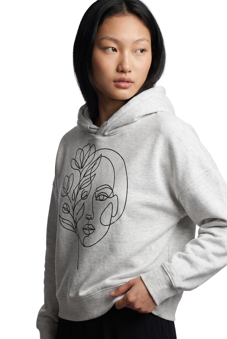 Women's floral face line art hoodie in cool heather grey, studio catalog photo, MOEBEER UK #Cool Heather Grey