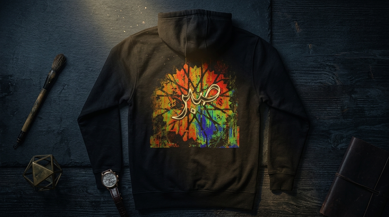 Sabr patience Arabic calligraphy hoodie in black laid flat showing back print — gold-tone Sabr صبر script over geometric medallion artwork on cotton-blend graphic hoodie | MOEBEER UK