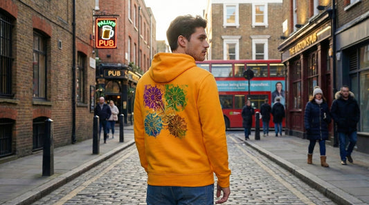 Back view of a man wearing an orange hoodie with a colorful Arabic calligraphy over Islamic colorful graphic, walking on a cobblestone street in Soho, London.