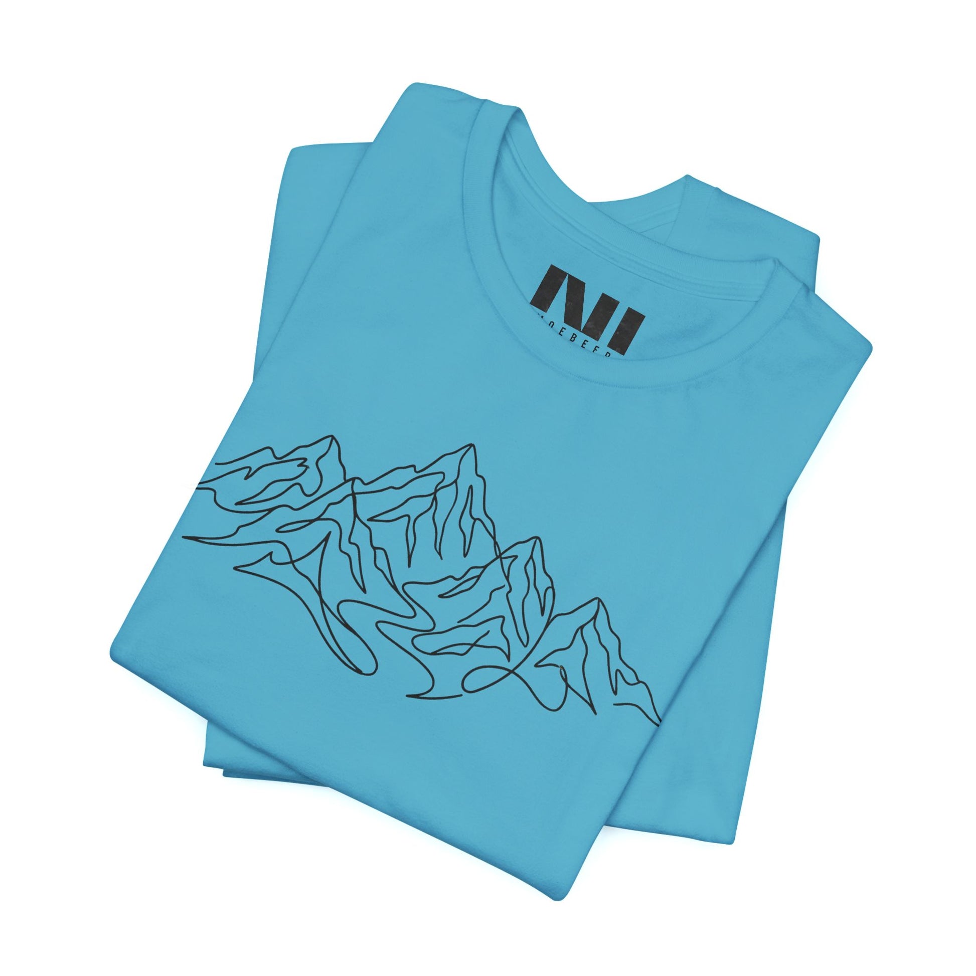 Folded Aqua heathered graphic t-shirt featuring a minimalist white continuous line art design of a mountain range, moebeer tees #Heather Aqua