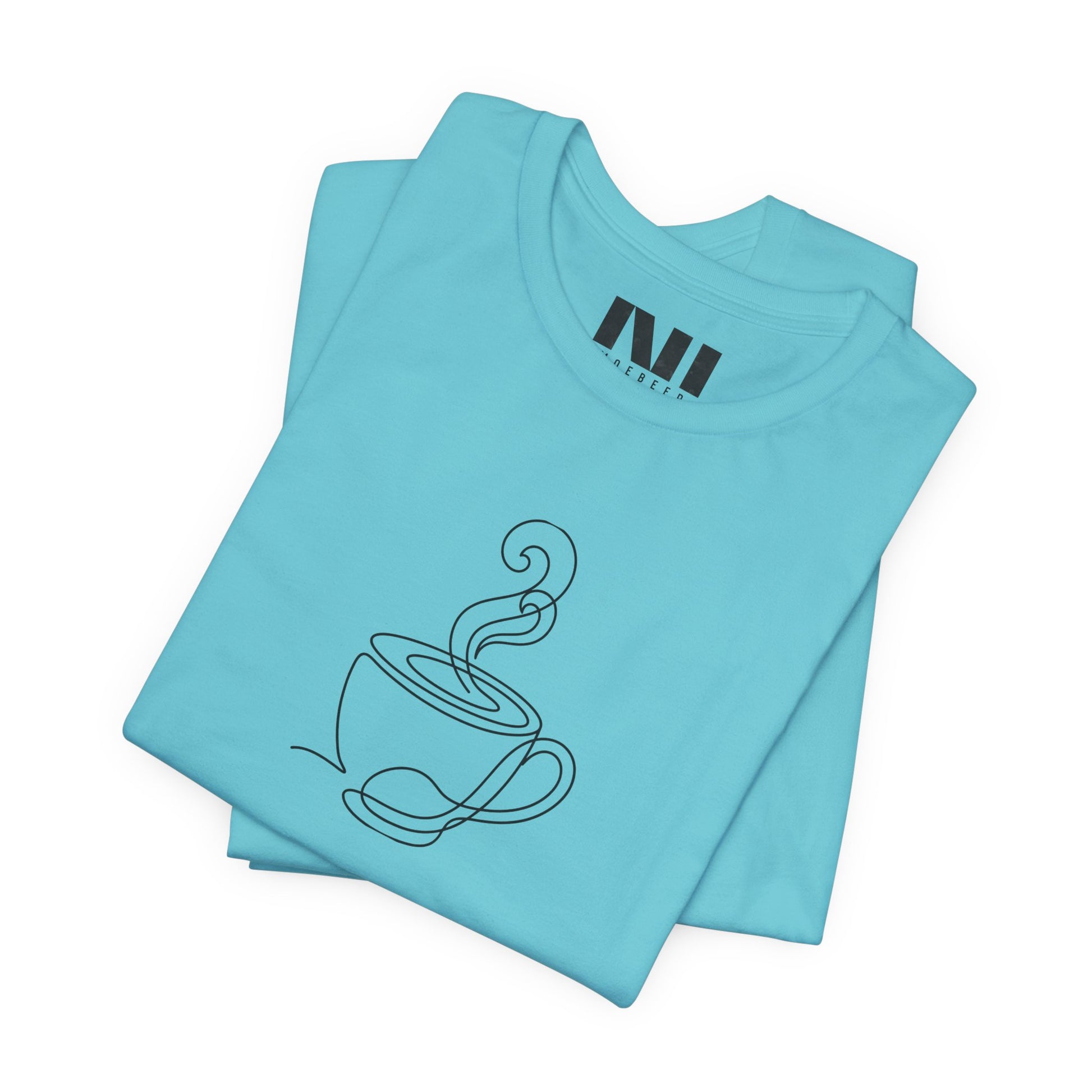Turquoise graphic t-shirt featuring a minimalist black continuous line art design of a steaming coffee cup. moebeer tees #Turquoise 