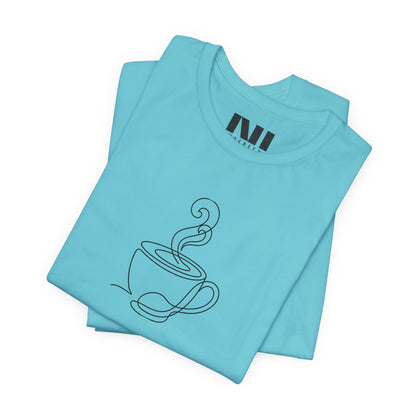 Turquoise graphic t-shirt featuring a minimalist black continuous line art design of a steaming coffee cup. moebeer tees #Turquoise 