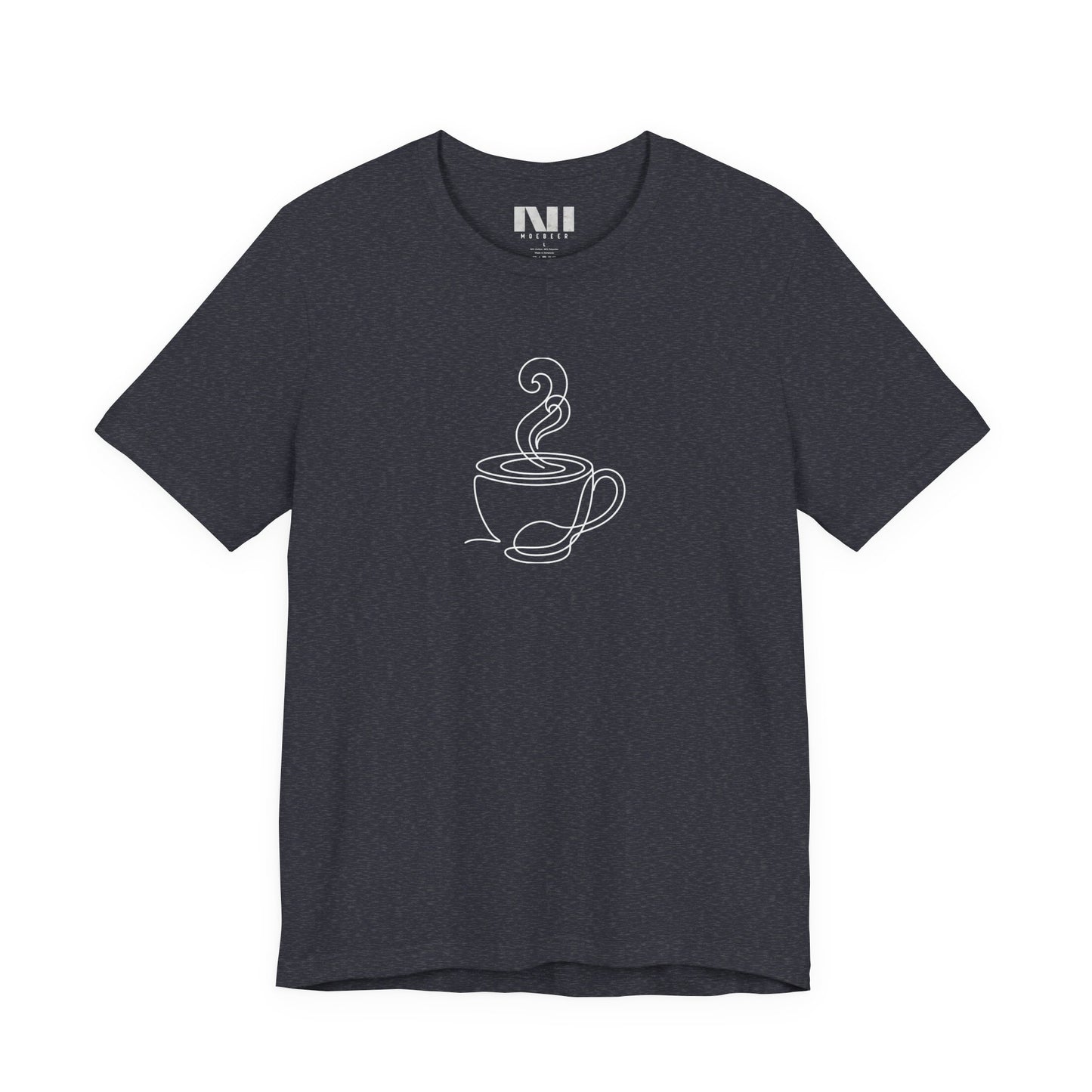 Heather Navy graphic t-shirt featuring a minimalist black continuous line art design of a steaming coffee cup. moebeer tees #Heather Navy 