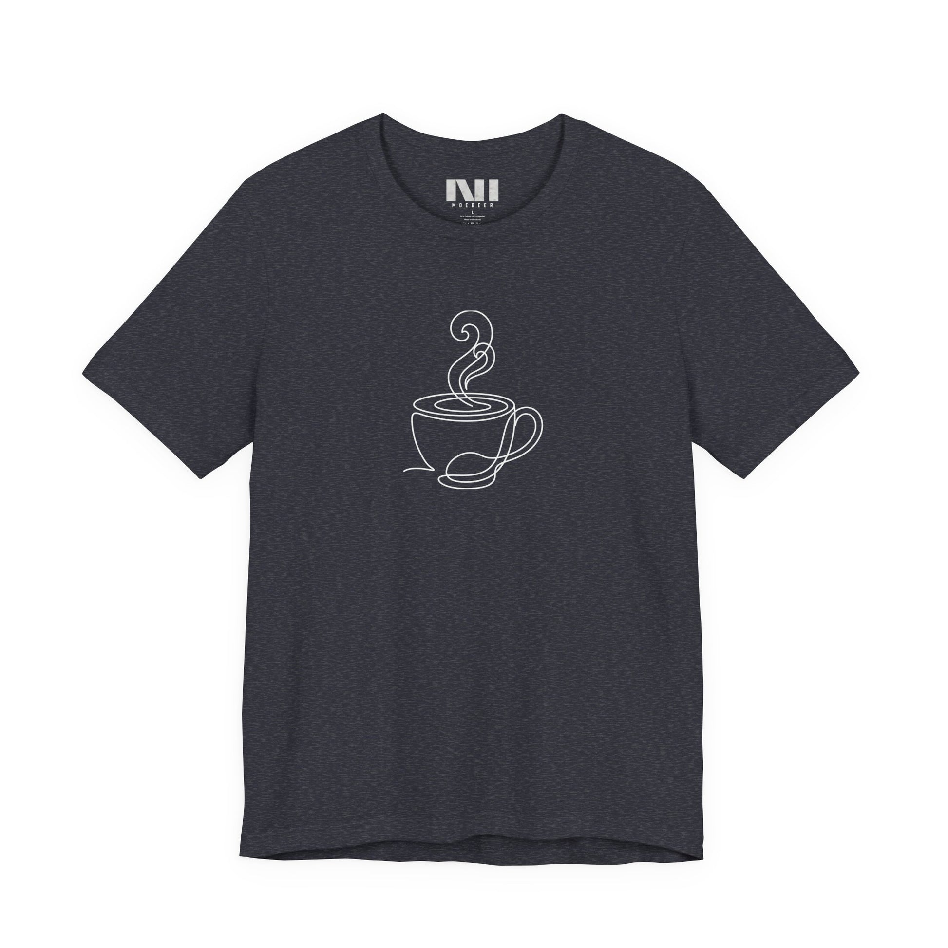 Heather Navy graphic t-shirt featuring a minimalist black continuous line art design of a steaming coffee cup. moebeer tees #Heather Navy 