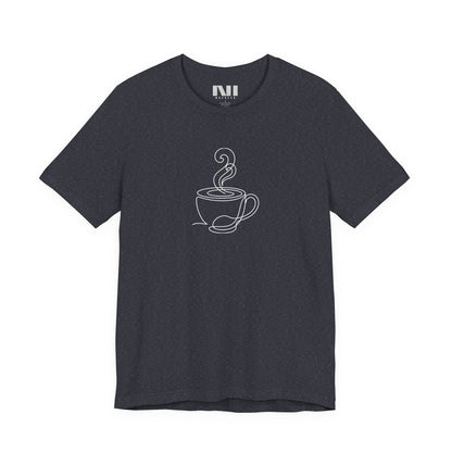 Heather Navy graphic t-shirt featuring a minimalist black continuous line art design of a steaming coffee cup. moebeer tees #Heather Navy 