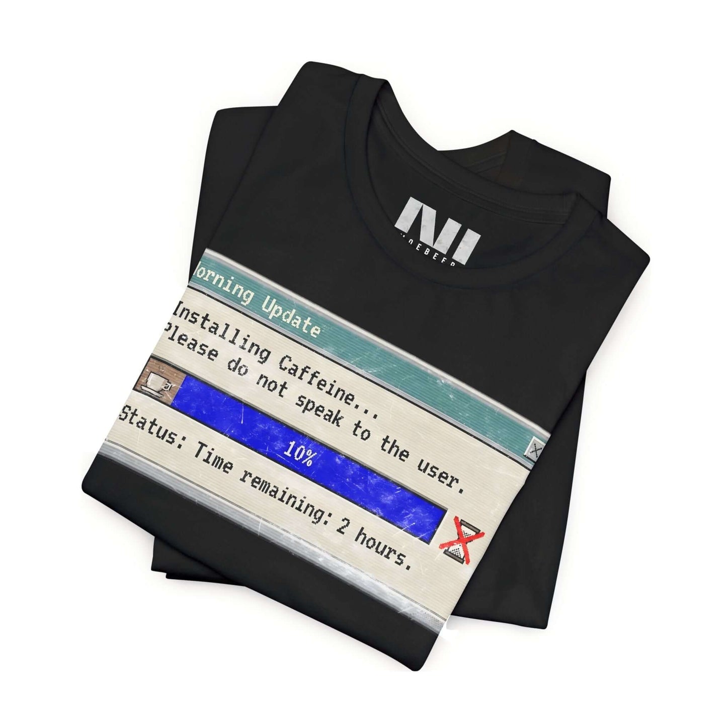 Folded Black graphic t-shirt featuring a retro computer "Morning Update" progress bar design with the text "Installing Caffeine... Please do not speak to the user." #Black