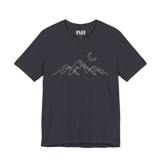 Navy heathered graphic t-shirt featuring a minimalist white continuous line art design of a mountain range. MOEBEER tees #Heather Navy 