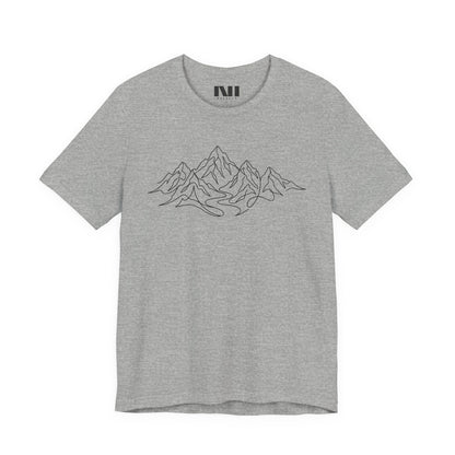 Grey heathered graphic t-shirt featuring a minimalist white continuous line art design of a mountain range, moebeer tees #Athletic Heather