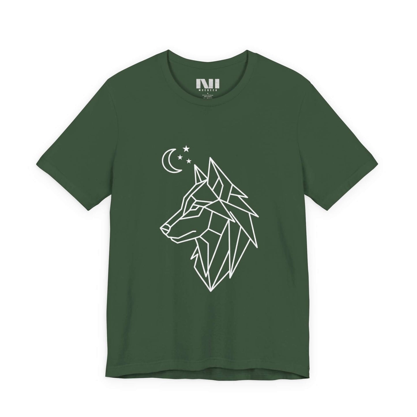 Forest Green heathered graphic t-shirt featuring a minimalist white geometric line art design of a wolf head in profile with a crescent moon and stars. MOEBEER tees #Heather Forest