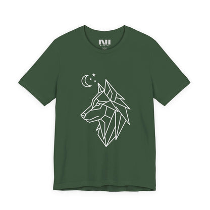 Forest Green heathered graphic t-shirt featuring a minimalist white geometric line art design of a wolf head in profile with a crescent moon and stars. MOEBEER tees #Heather Forest