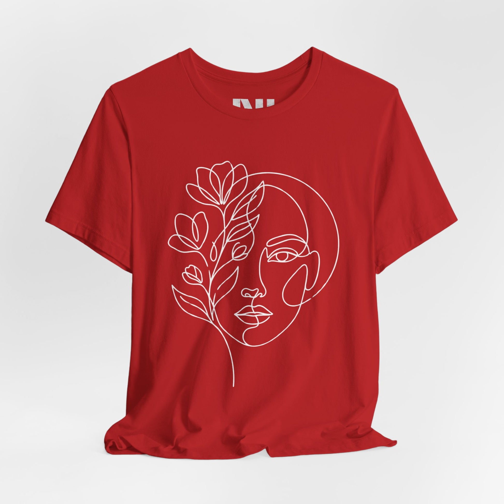 Red graphic t-shirt featuring a minimalist black continuous line art design of a woman's face blooming with floral botanical elements. MOEBEER tees #Red