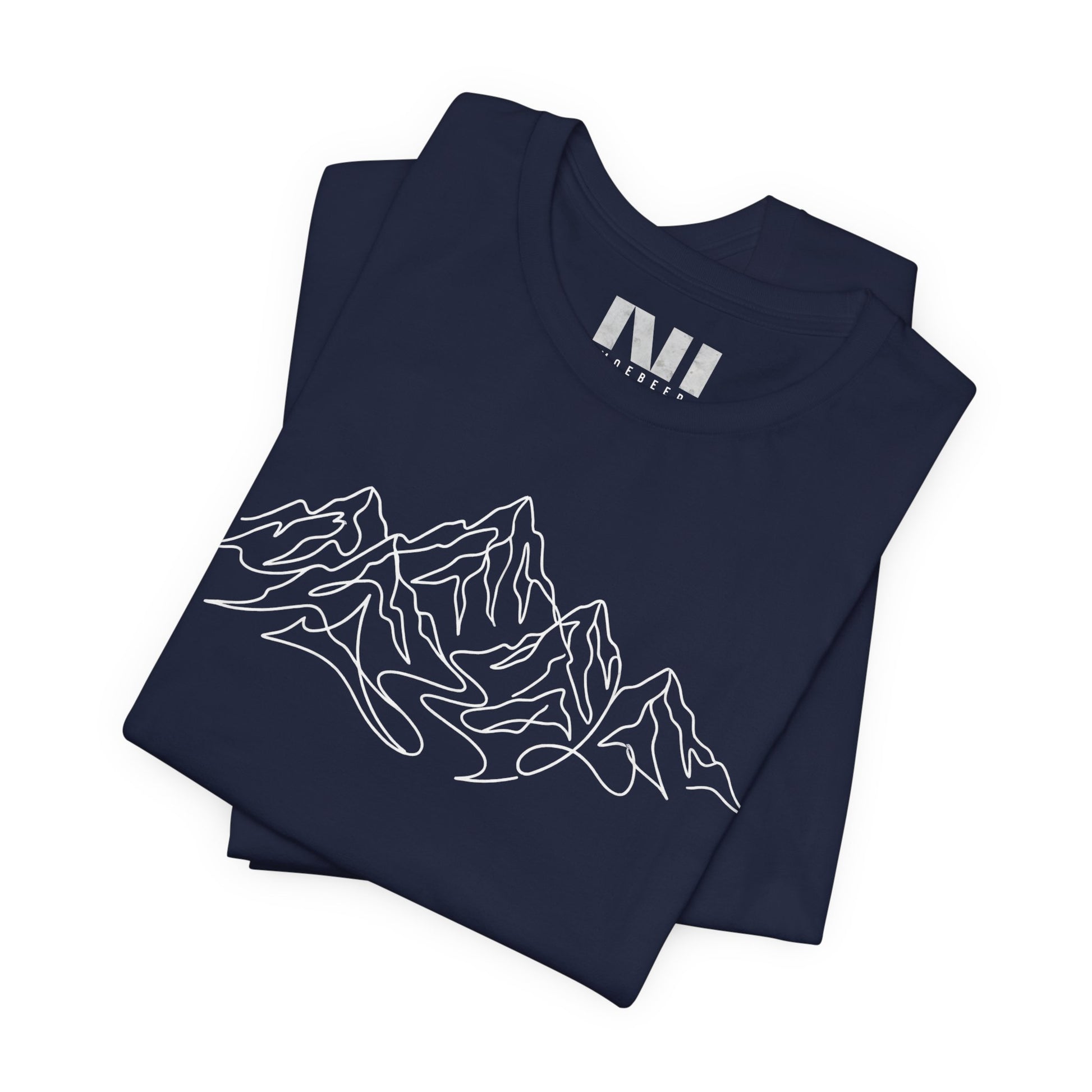 Folded Navy graphic t-shirt featuring a minimalist white continuous line art design of a mountain range, moebeer tees #Navy
