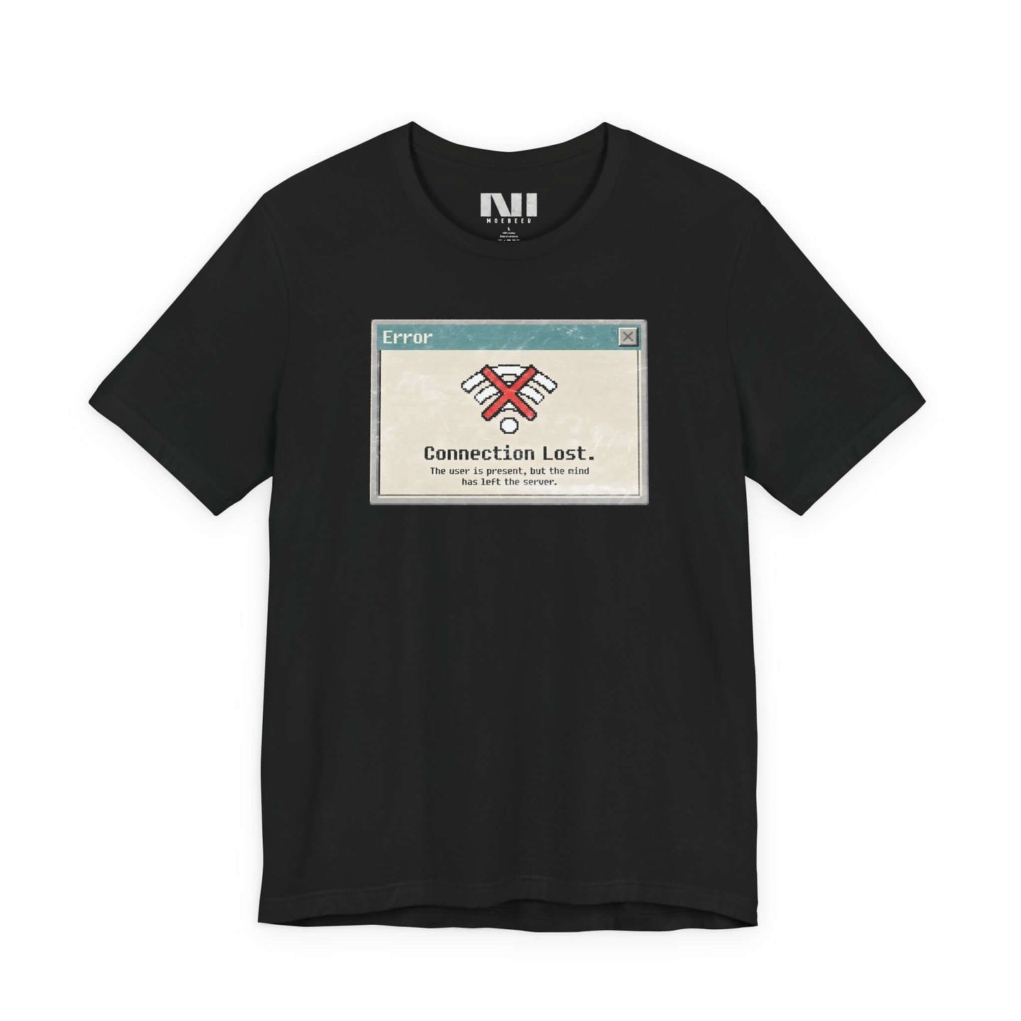 Moebeer premium black t-shirt with a retro 90s-style "Connection Lost" system error dialogue box graphic #Black