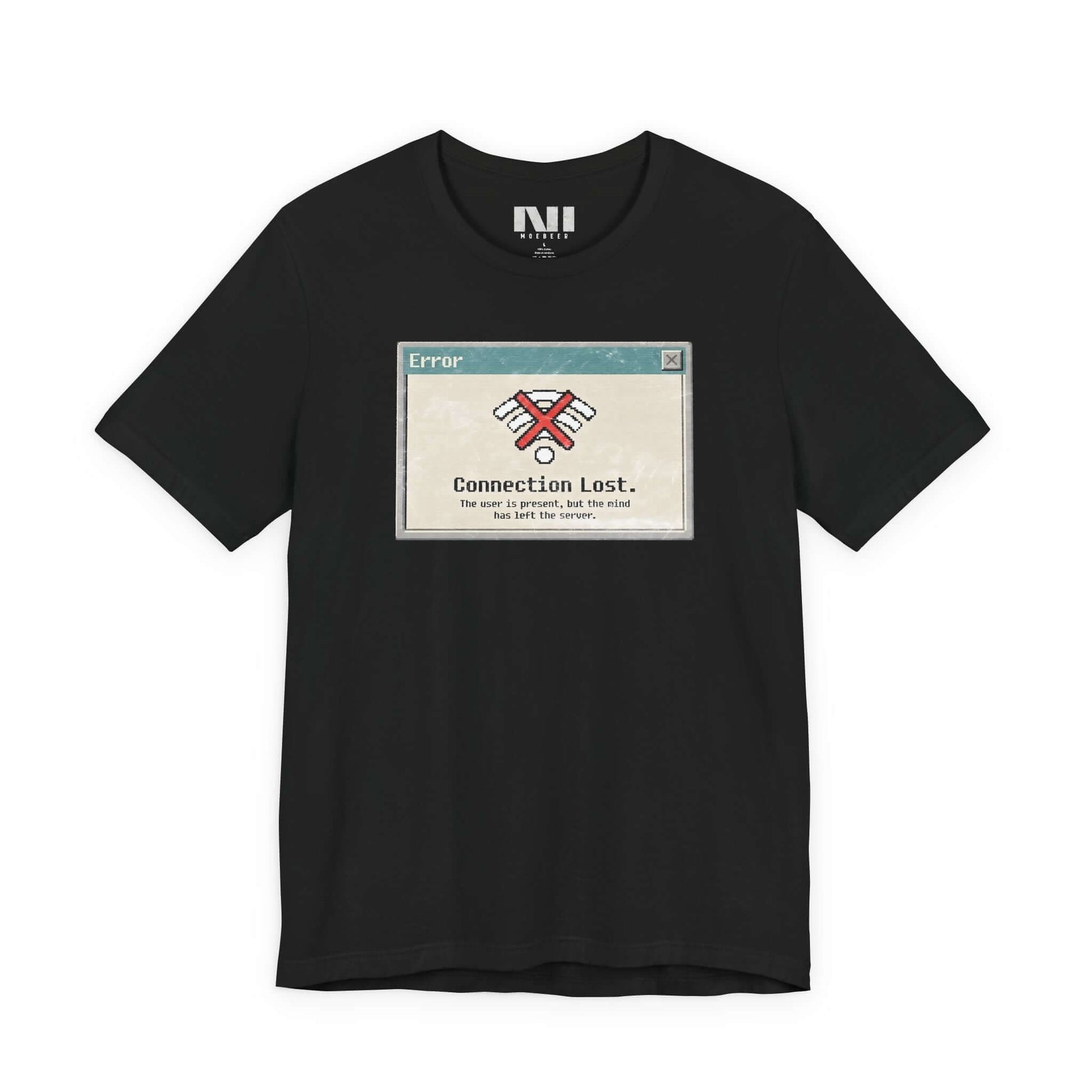 Moebeer premium black t-shirt with a retro 90s-style "Connection Lost" system error dialogue box graphic #Black