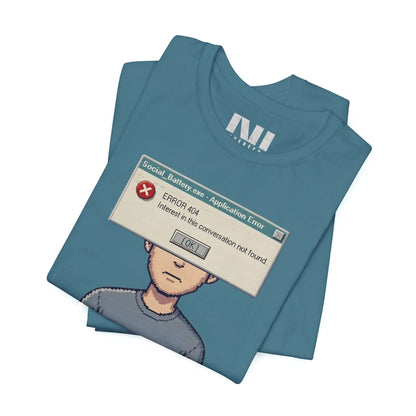 Moebeer Heather Deep Teal premium t-shirt with a retro computer dialogue box graphic reading "Interest Not Found" #Heather Deep Teal