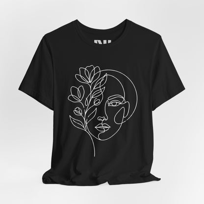 Black graphic t-shirt featuring a minimalist black continuous line art design of a woman's face blooming with floral botanical elements. MOEBEER tees #Black