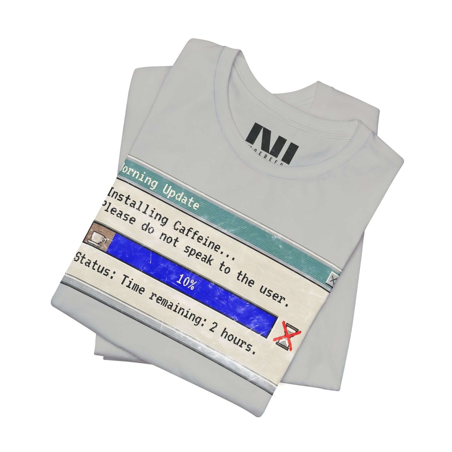 folded Heather athletic grey  graphic t-shirt featuring a retro computer "Morning Update" progress bar design with the text "Installing Caffeine... Please do not speak to the user." #Athletic Heather
