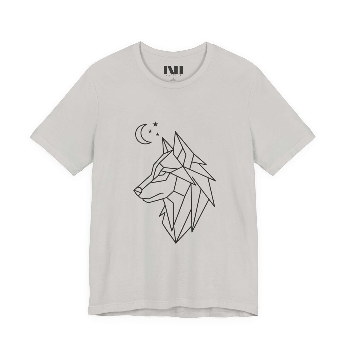 Gray heathered graphic t-shirt featuring a minimalist white geometric line art design of a wolf head in profile with a crescent moon and stars. MOEBEER tees #Silver