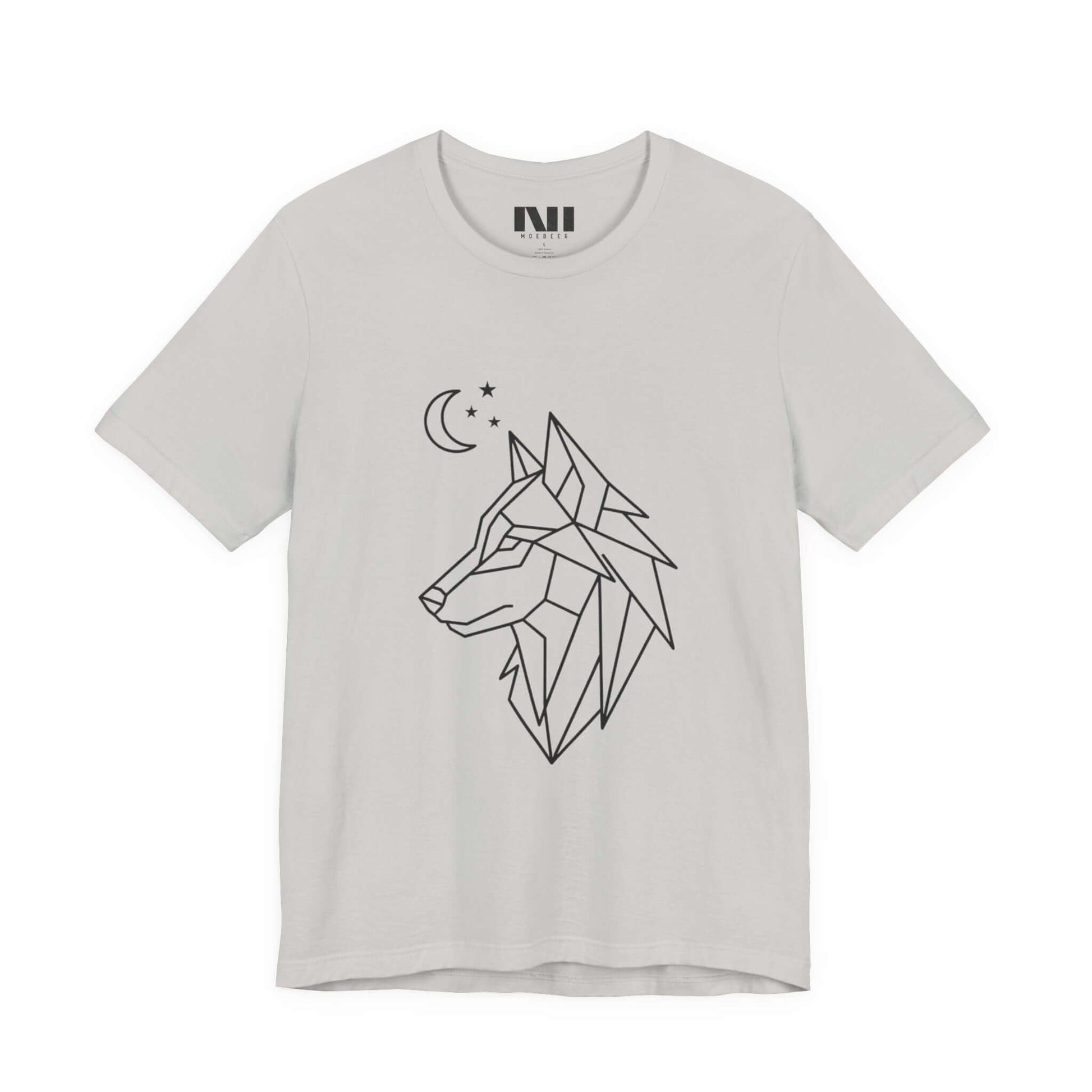 Gray heathered graphic t-shirt featuring a minimalist white geometric line art design of a wolf head in profile with a crescent moon and stars. MOEBEER tees #Silver