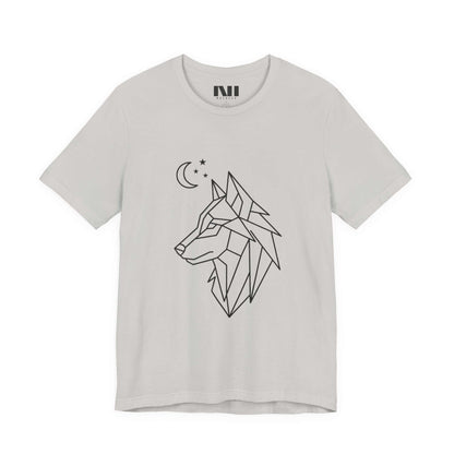 Gray heathered graphic t-shirt featuring a minimalist white geometric line art design of a wolf head in profile with a crescent moon and stars. MOEBEER tees #Silver