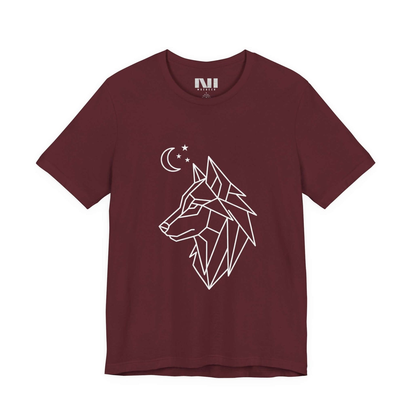 Maroon graphic t-shirt featuring a minimalist white geometric line art design of a wolf head in profile with a crescent moon and stars. MOEBEER tees  #Maroon 