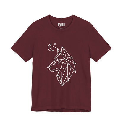 Maroon graphic t-shirt featuring a minimalist white geometric line art design of a wolf head in profile with a crescent moon and stars. MOEBEER tees  #Maroon 