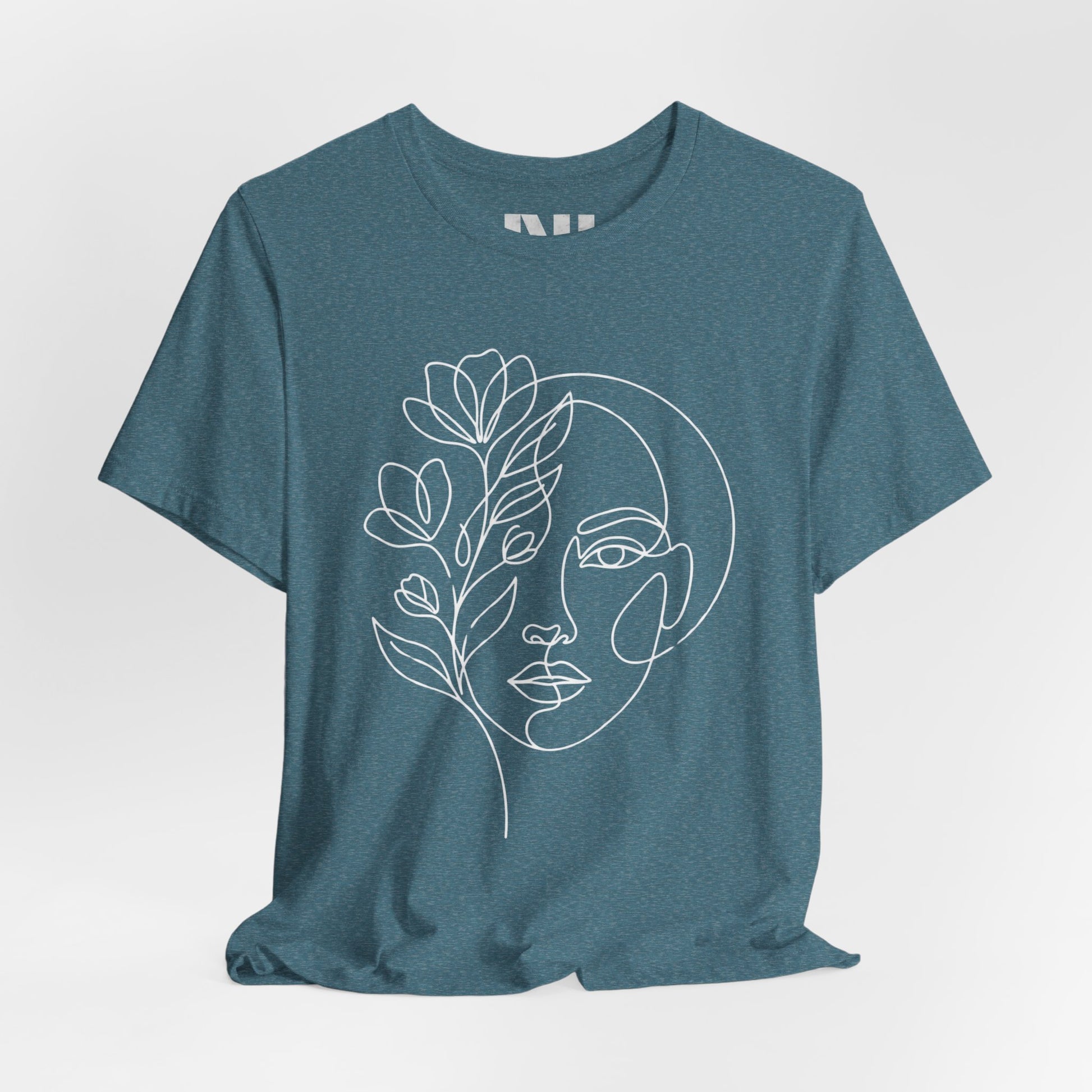 Heathered Deep Teal graphic t-shirt featuring a minimalist black continuous line art design of a woman's face blooming with floral botanical elements. MOEBEER tees #Heather Deep Teal