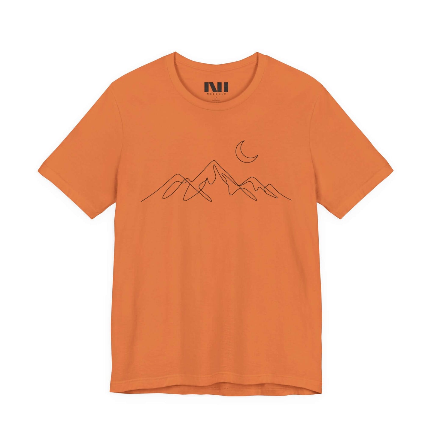 Burnt Orange graphic t-shirt featuring a minimalist white continuous line art design of a mountain range. MOEBEER tees #Burnt Orange