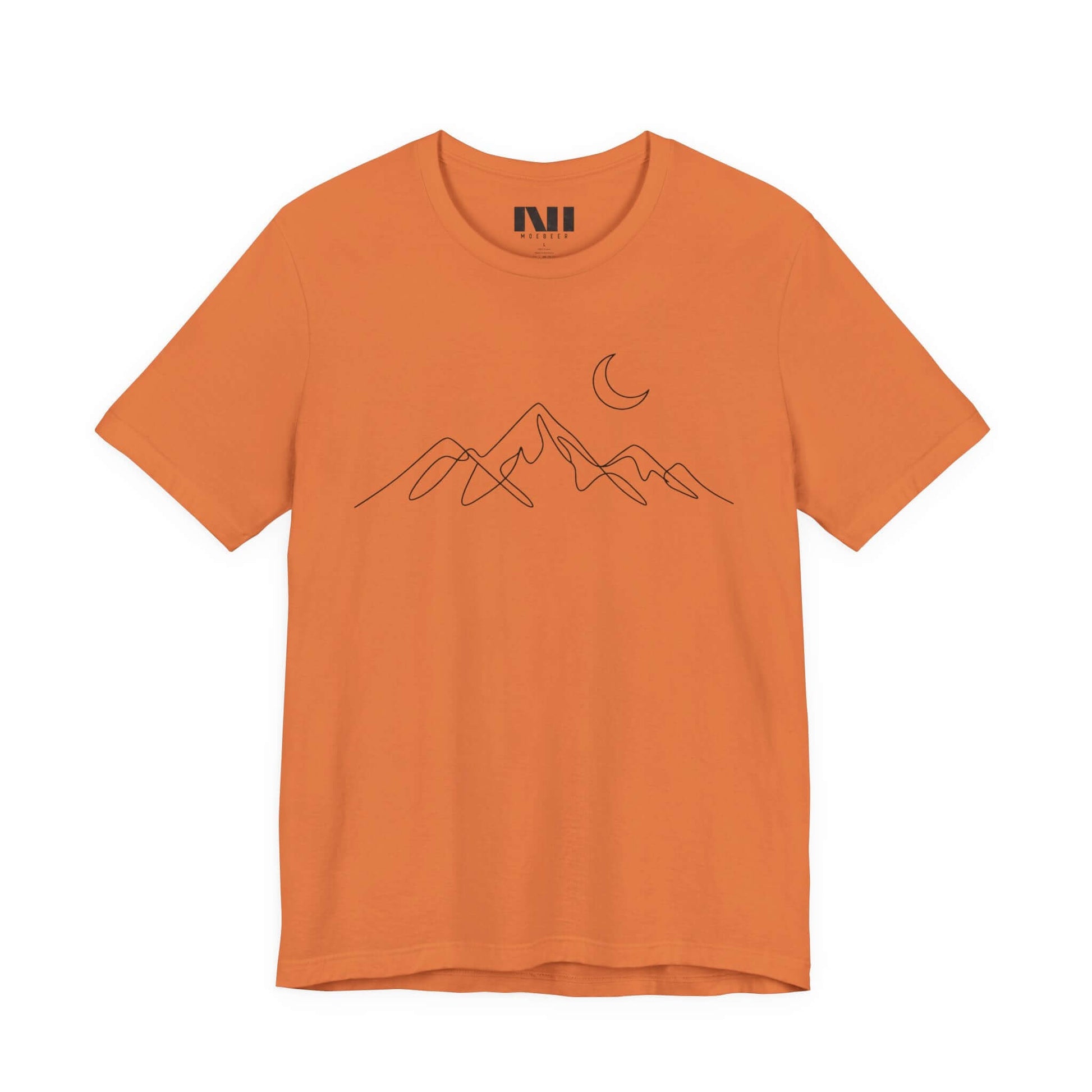 Burnt Orange graphic t-shirt featuring a minimalist white continuous line art design of a mountain range. MOEBEER tees #Burnt Orange