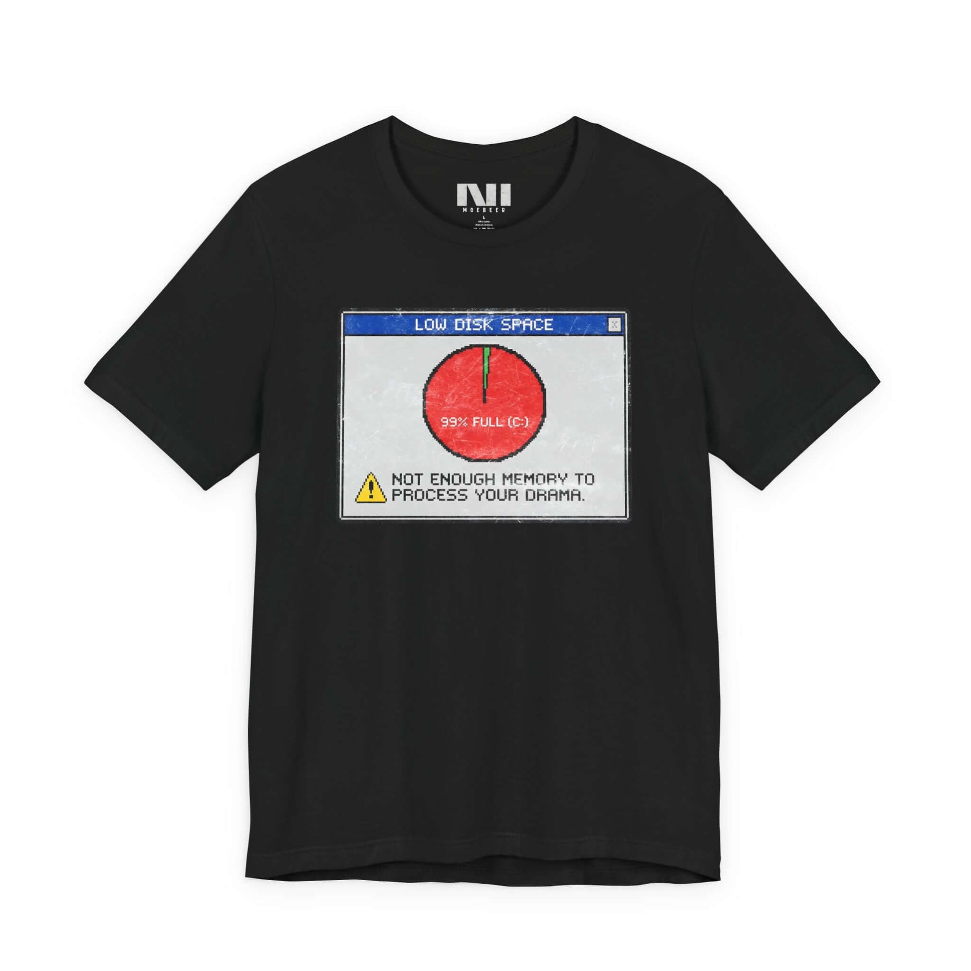 black graphic t-shirt featuring a retro computer error message that reads "Not enough memory to process your drama" with a 99% full disk pie chart icon. #Black