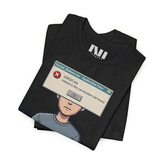 Moebeer black premium jersey tee with a sarcastic retro-computing "Interest Not Found" warning box #Black