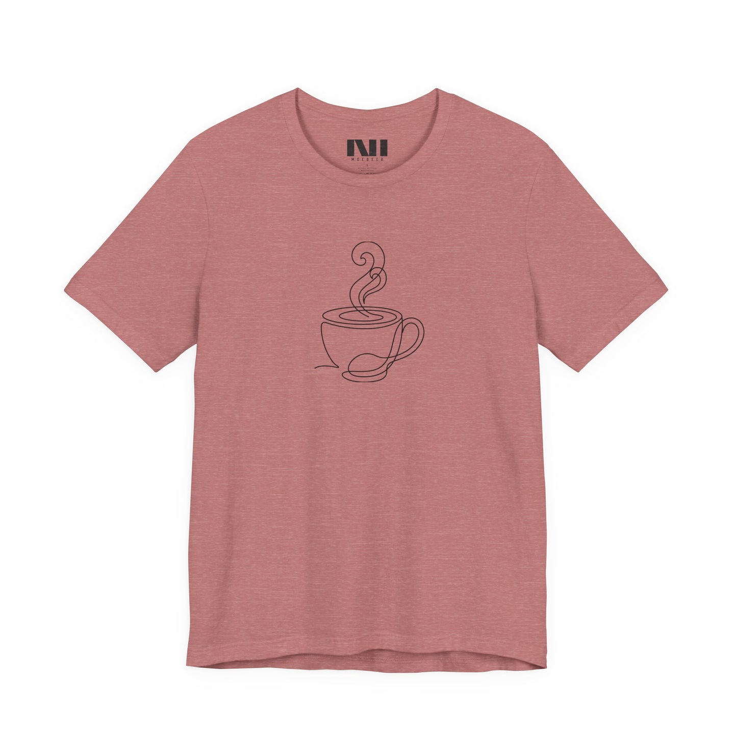 Heather Mauve graphic t-shirt featuring a minimalist black continuous line art design of a steaming coffee cup.  moebeer tees #Heather Mauve