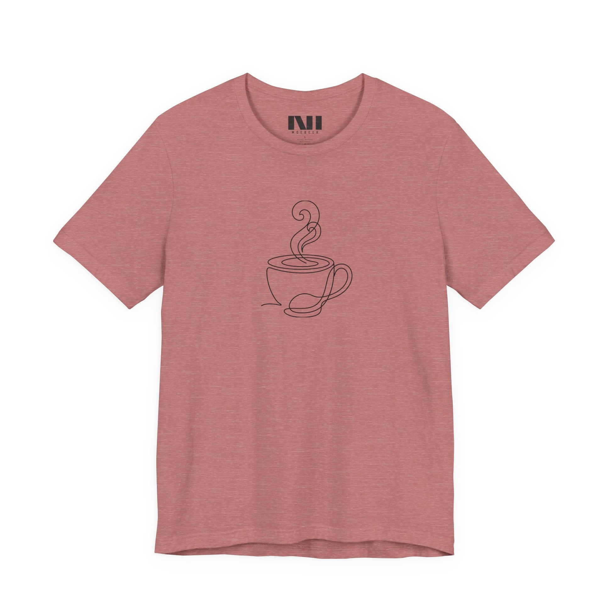 Heather Mauve graphic t-shirt featuring a minimalist black continuous line art design of a steaming coffee cup.  moebeer tees #Heather Mauve
