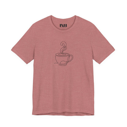 Heather Mauve graphic t-shirt featuring a minimalist black continuous line art design of a steaming coffee cup.  moebeer tees #Heather Mauve