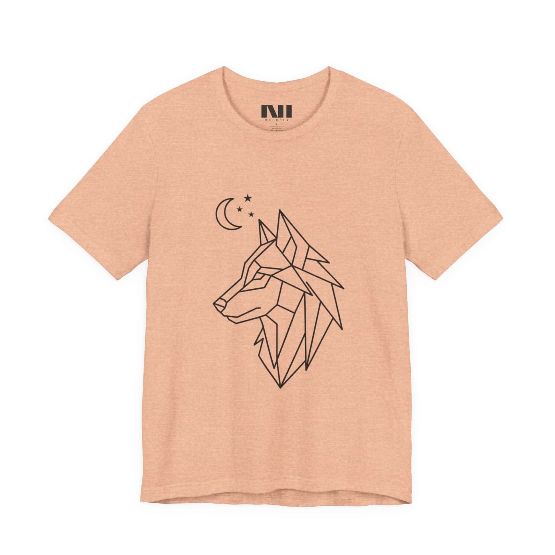 Peach heathered graphic t-shirt featuring a minimalist white geometric line art design of a wolf head in profile with a crescent moon and stars. MOEBEER tees #Heather Peach