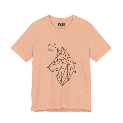 Peach heathered graphic t-shirt featuring a minimalist white geometric line art design of a wolf head in profile with a crescent moon and stars. MOEBEER tees #Heather Peach