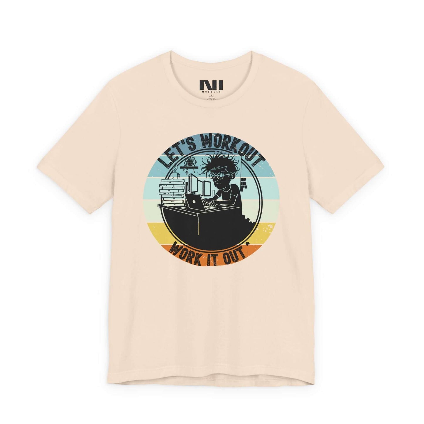 Beige t-shirt with a graphic design featuring a person lifting weights and text on a white background #Soft Cream