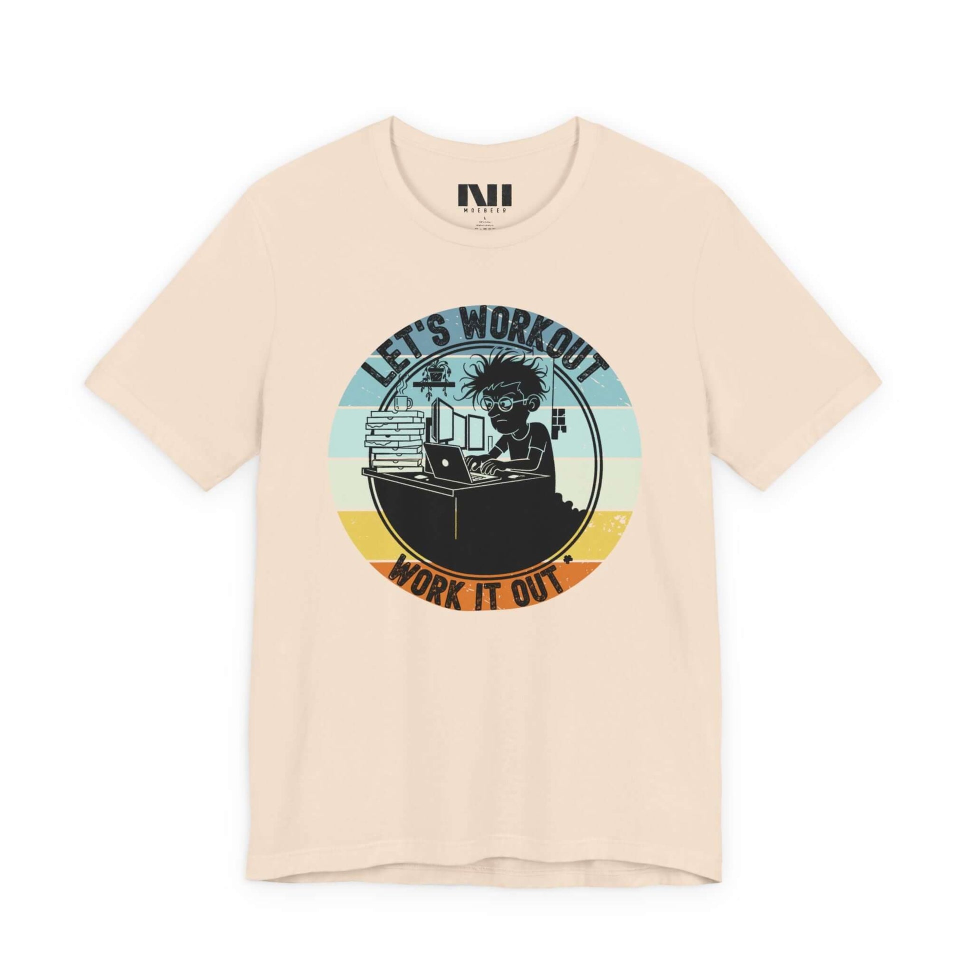 Beige t-shirt with a graphic design featuring a person lifting weights and text on a white background #Soft Cream