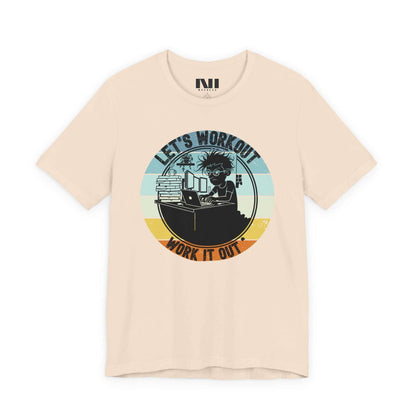 Beige t-shirt with a graphic design featuring a person lifting weights and text on a white background #Soft Cream